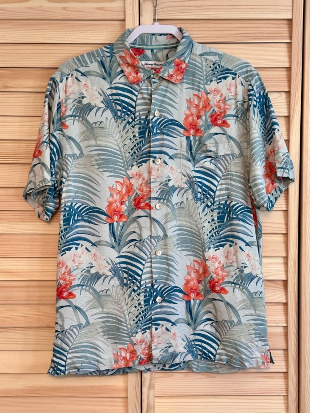 Tommy Bahama 100% Silk Tropical Short Sleeve Shirt Men‎ Medium Blue Orange